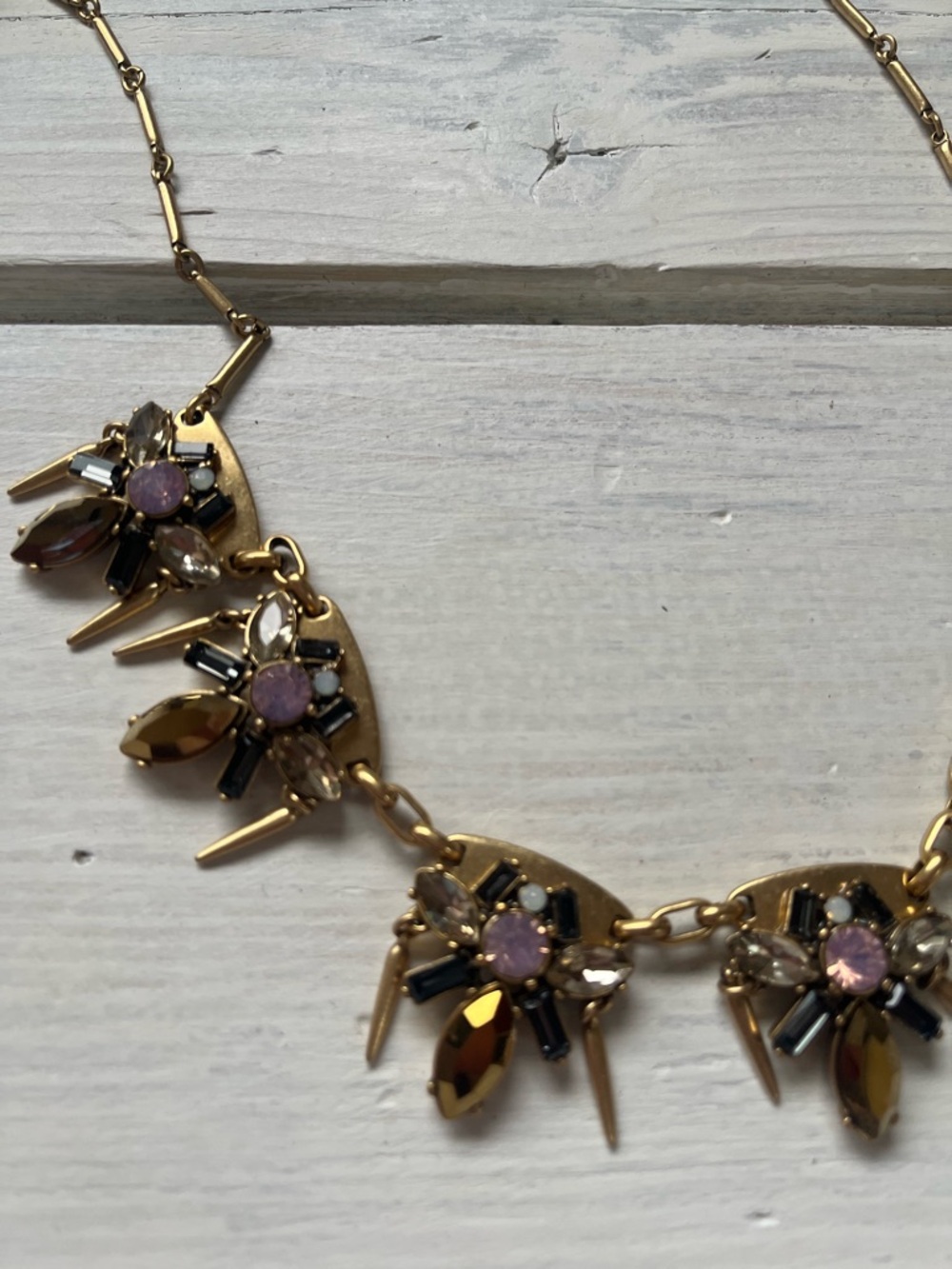 J. Crew Gold Tone Necklace with Pink and Smoky Crystals